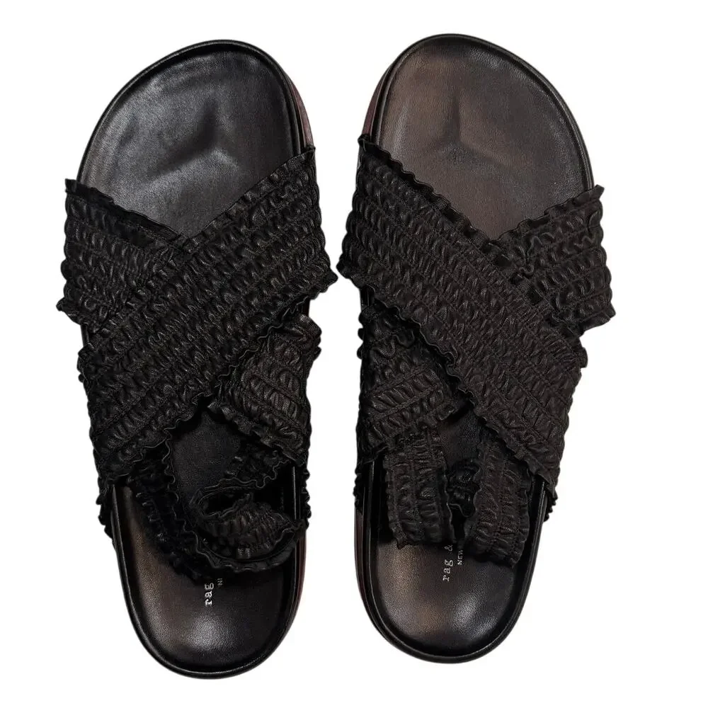 Rag & Bone Bailey Slingback Sandals Black Ruched Leather Flat Size 39 Minimalist